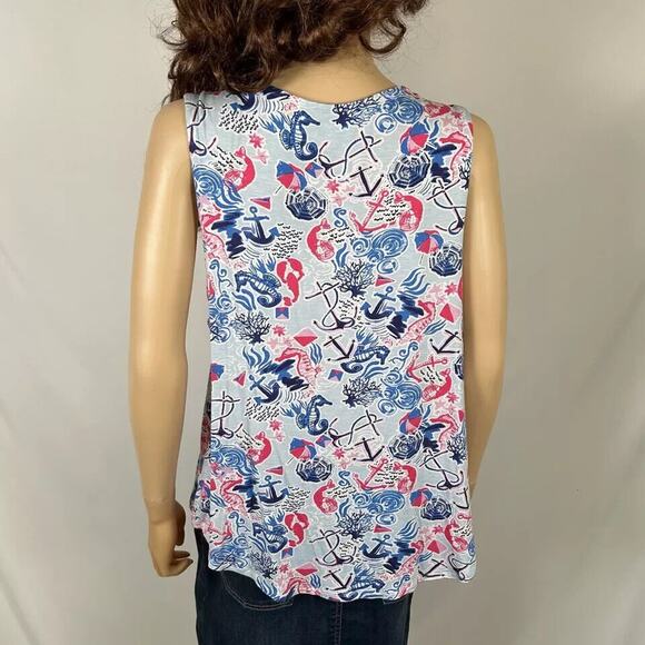 Casey Key Beach Tank Top Sleeveless XL Blue Pink V-Neck Tropical Nautical - Picture 3 of 5